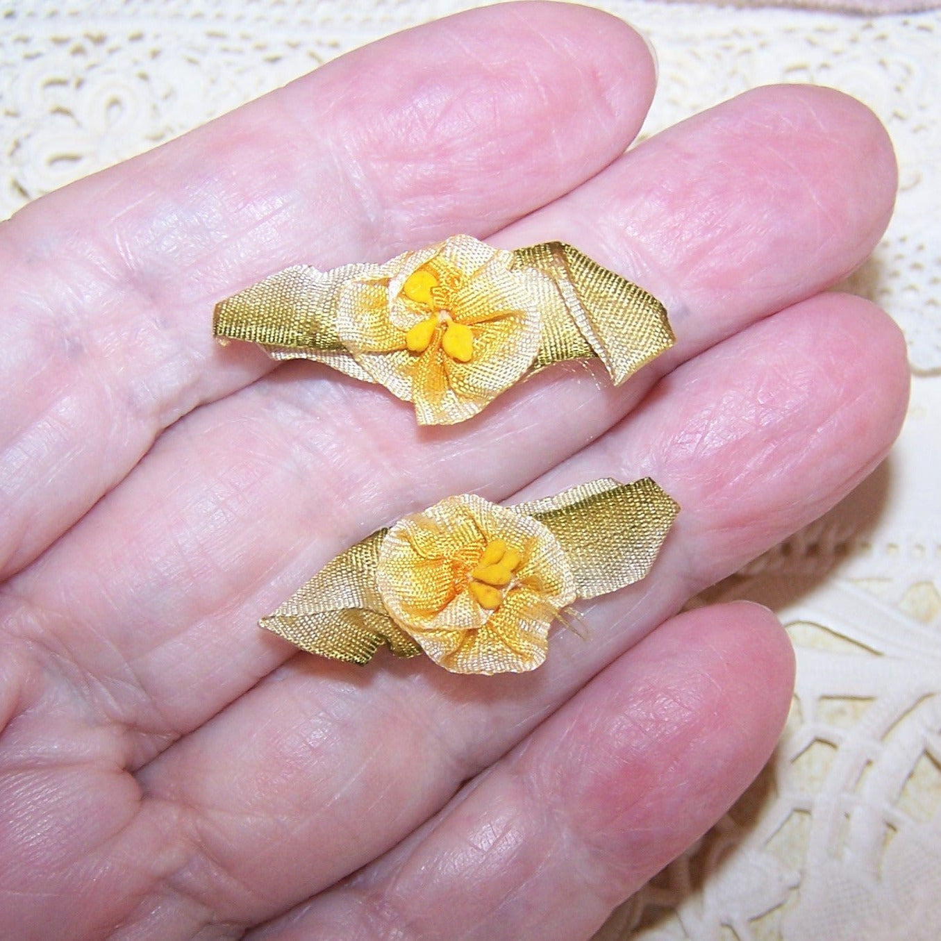 Pair (2) ART DECO French Ribbonwork Florals - Yellow / Olive Green Ombre