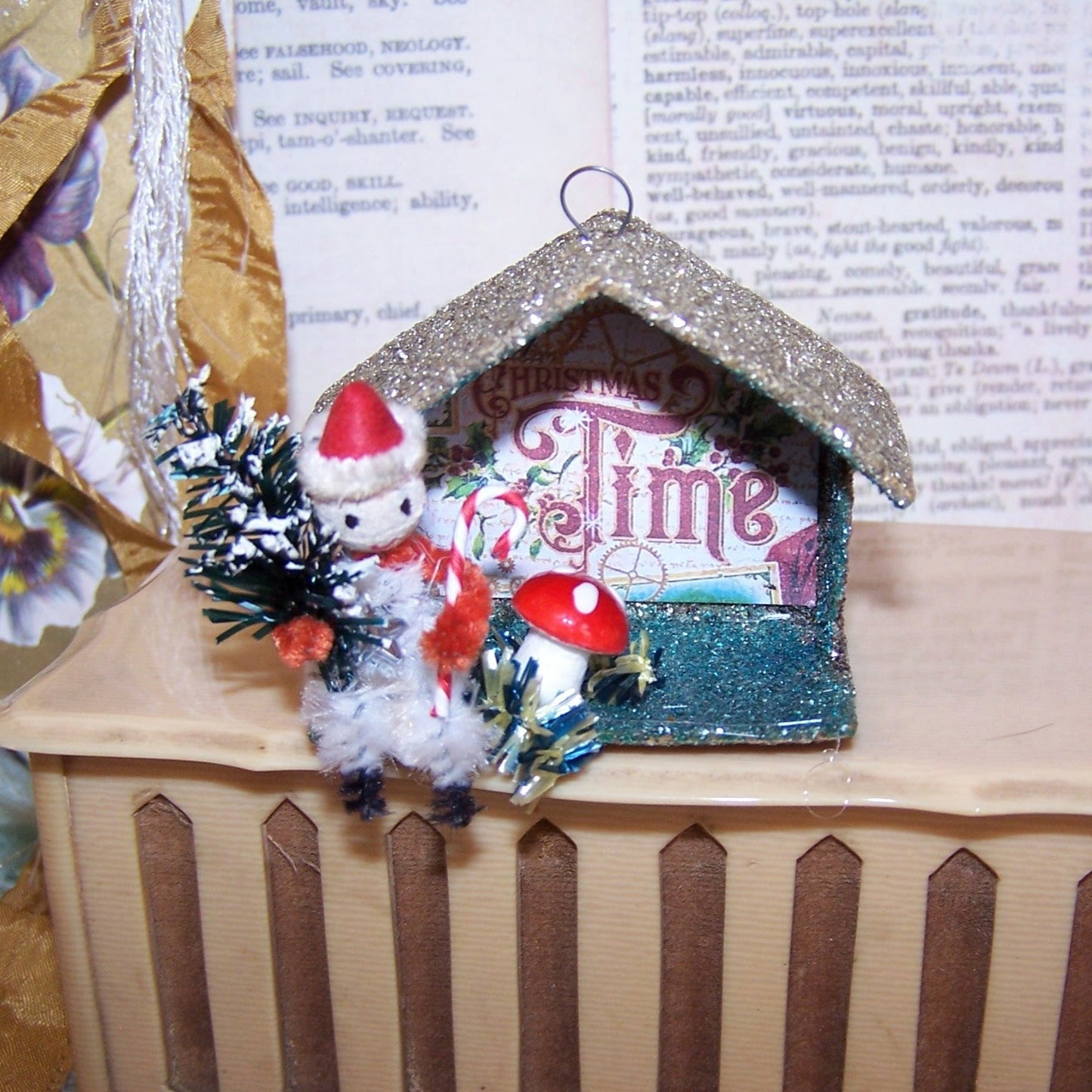 Upcycled Made in Japan Christmas Ornament - Pixie with Tree and Candy Cane