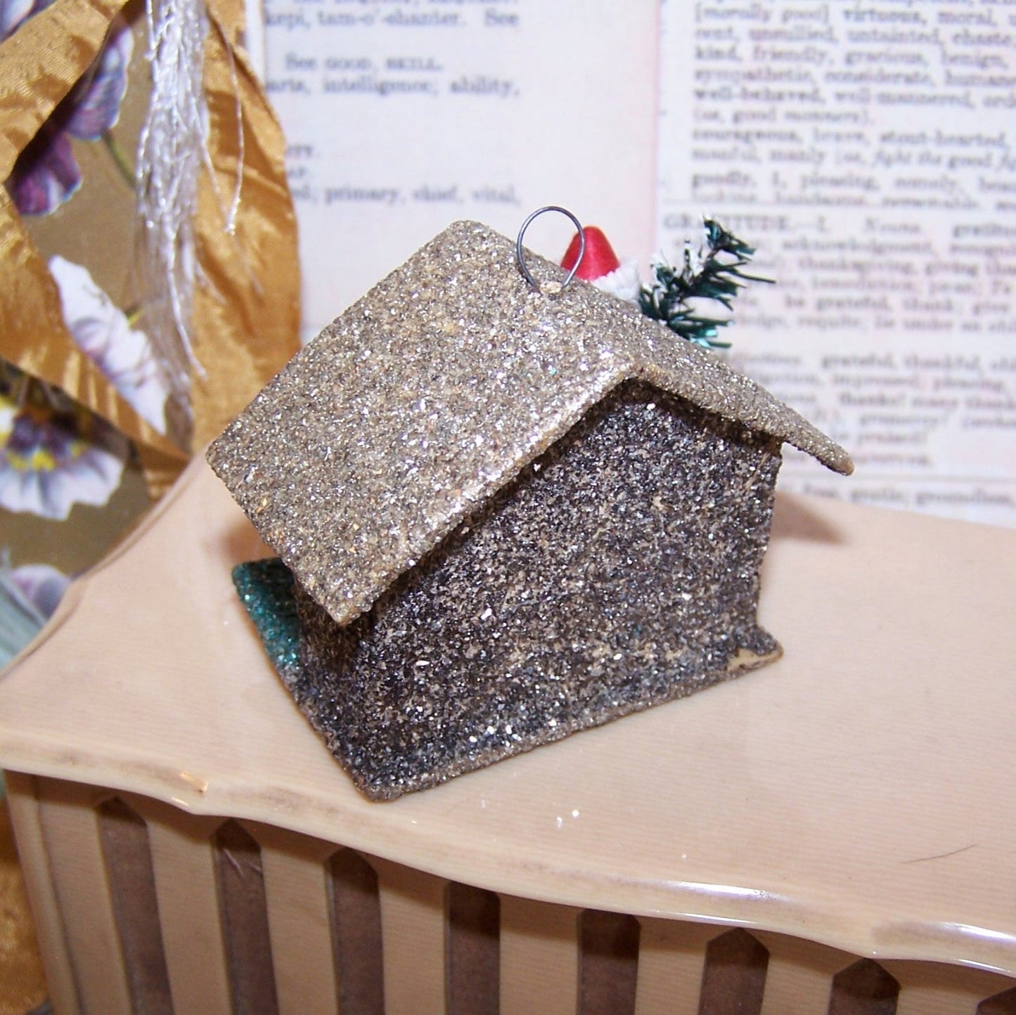 Upcycled Made in Japan Christmas Ornament - Pixie with Tree and Candy Cane