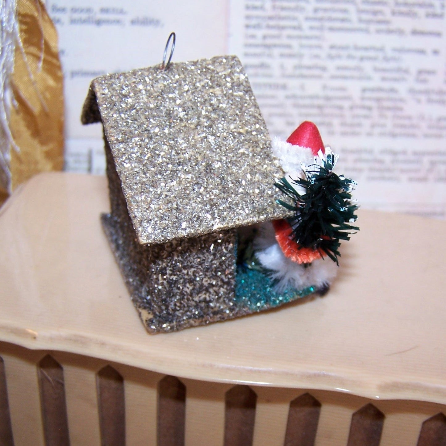 Upcycled Made in Japan Christmas Ornament - Pixie with Tree and Candy Cane