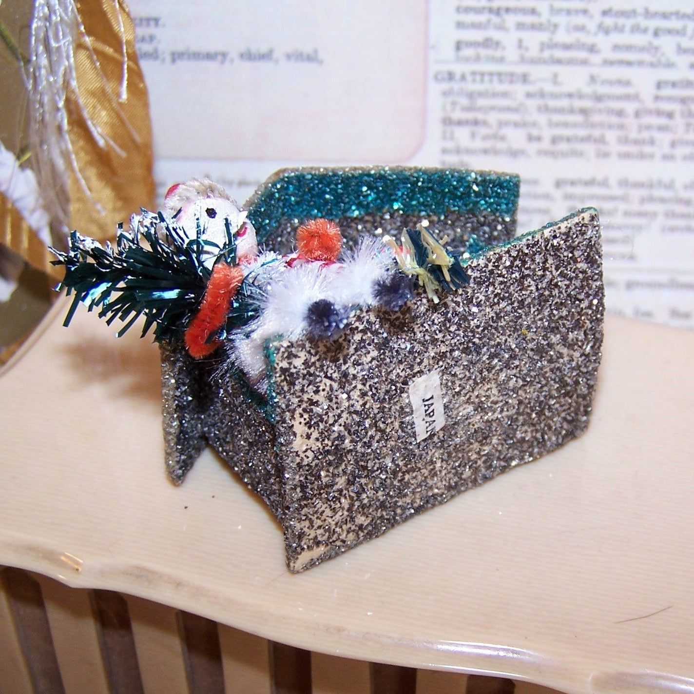 Upcycled Made in Japan Christmas Ornament - Pixie with Tree and Candy Cane