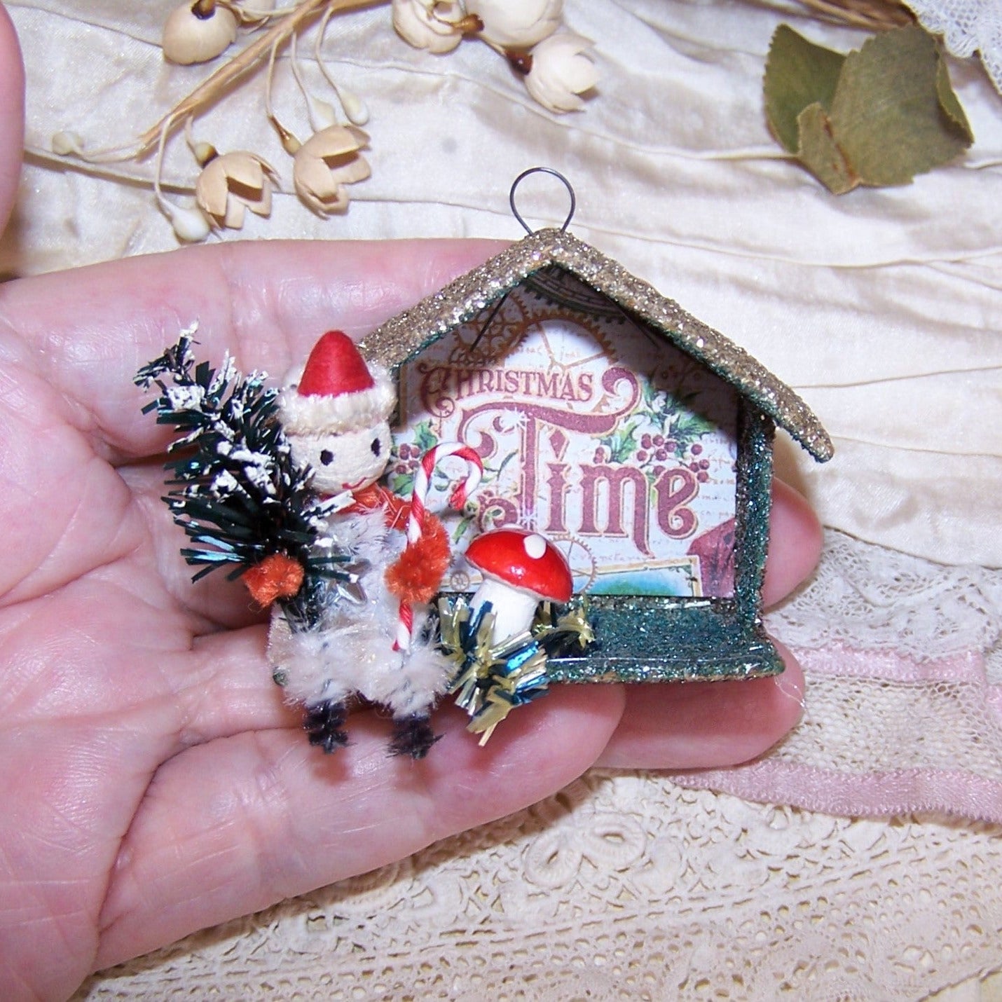 Upcycled Made in Japan Christmas Ornament - Pixie with Tree and Candy Cane
