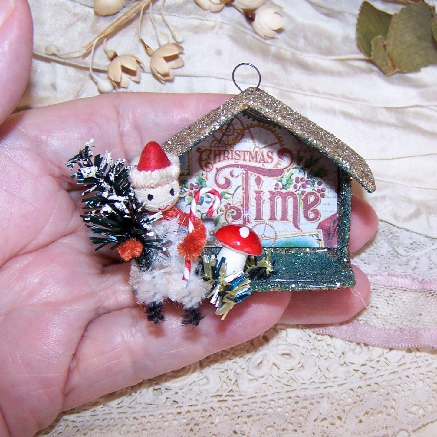 Upcycled Made in Japan Christmas Ornament - Pixie with Tree and Candy Cane