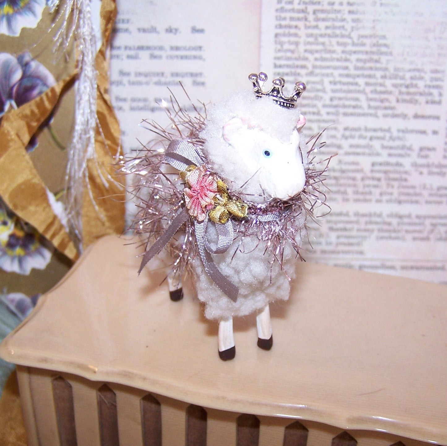Holiday Sheep Figure with Crown - Antique French Ribbonwork Decoration