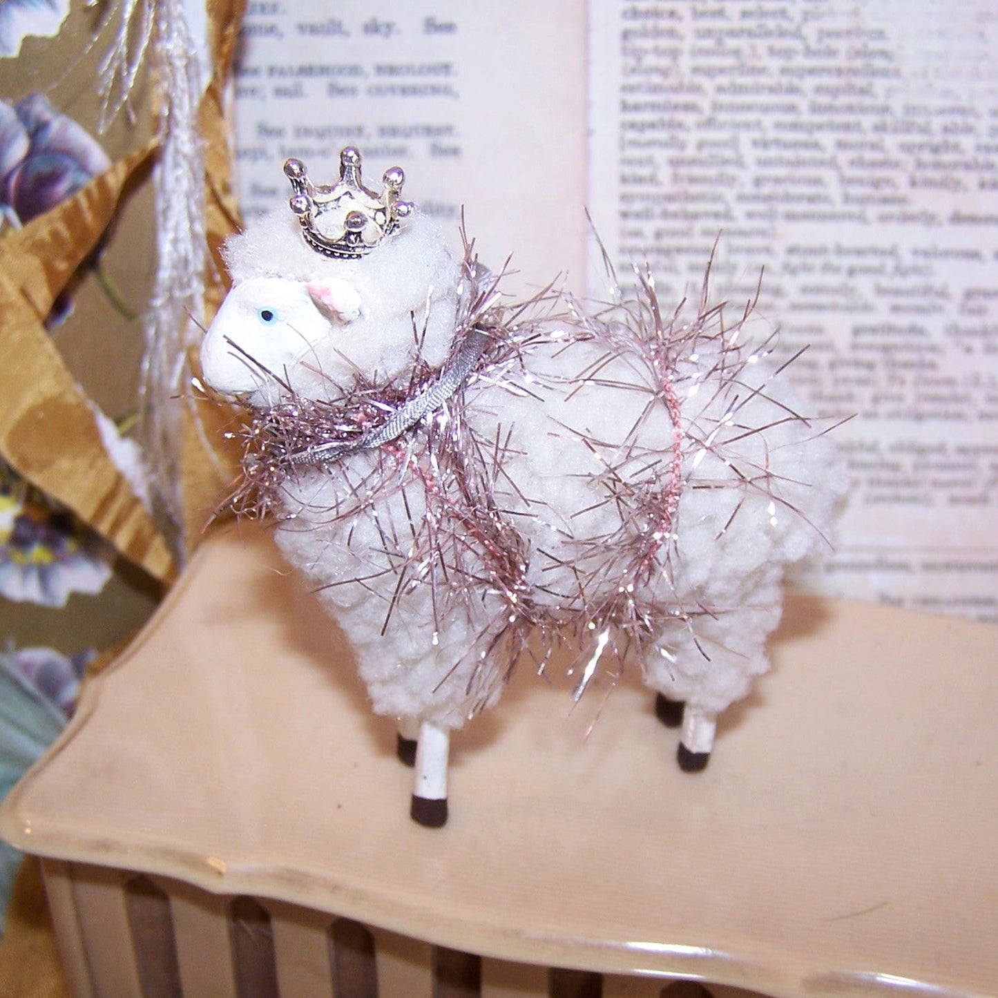 Holiday Sheep Figure with Crown - Antique French Ribbonwork Decoration