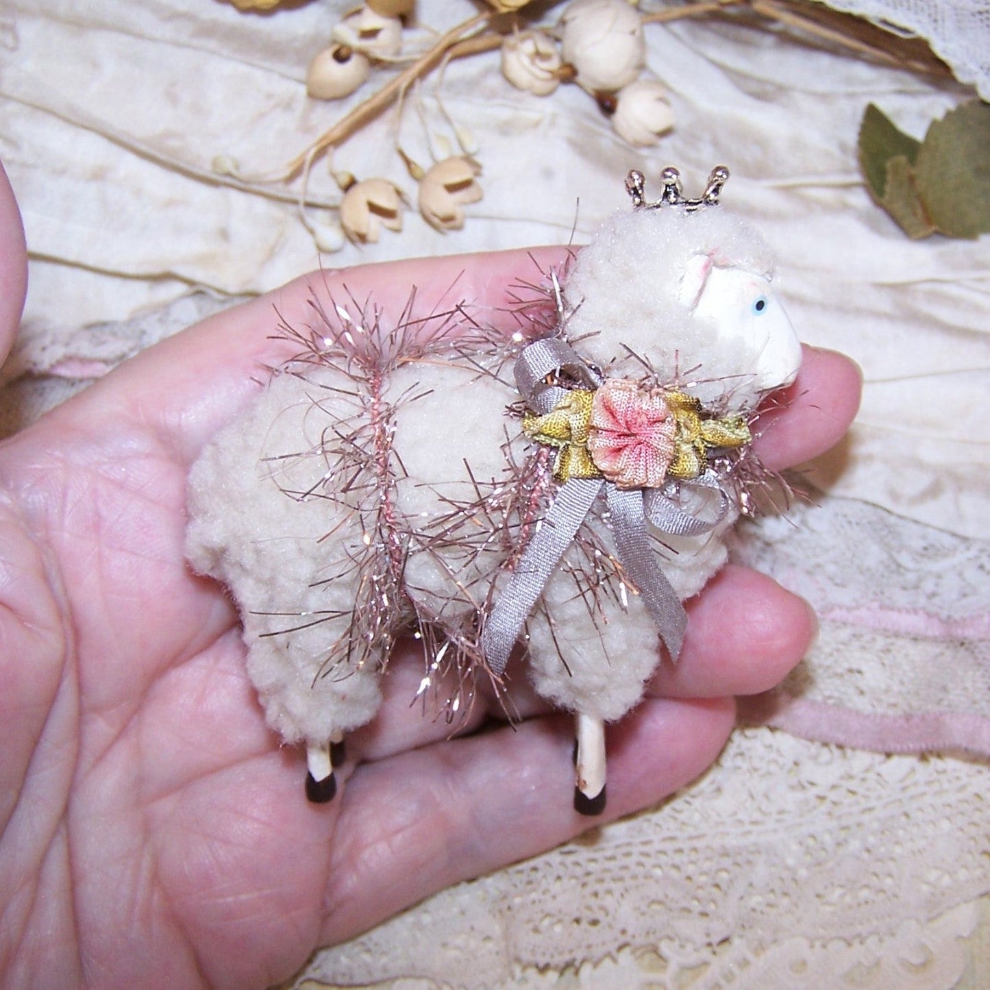 Holiday Sheep Figure with Crown - Antique French Ribbonwork Decoration