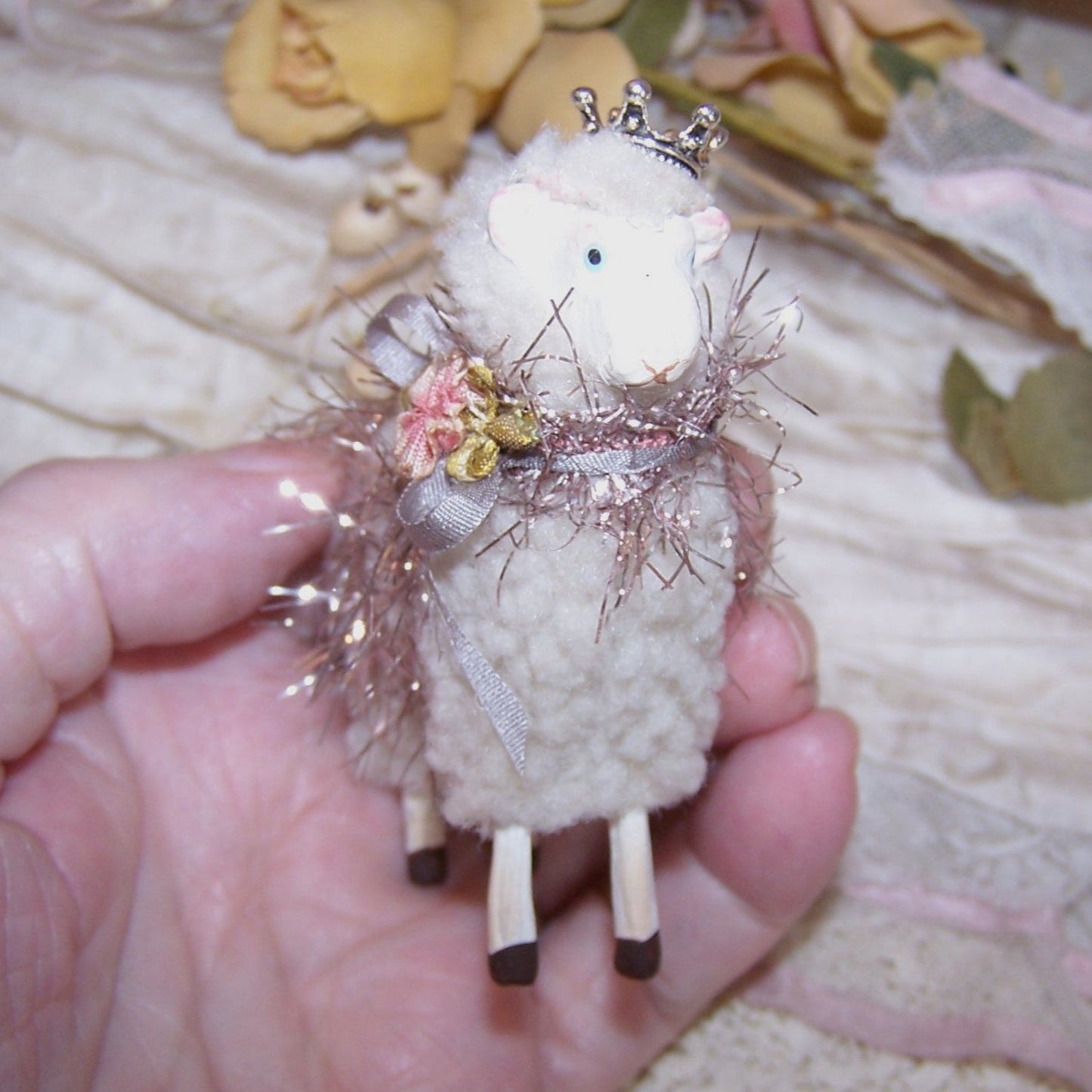 Holiday Sheep Figure with Crown - Antique French Ribbonwork Decoration