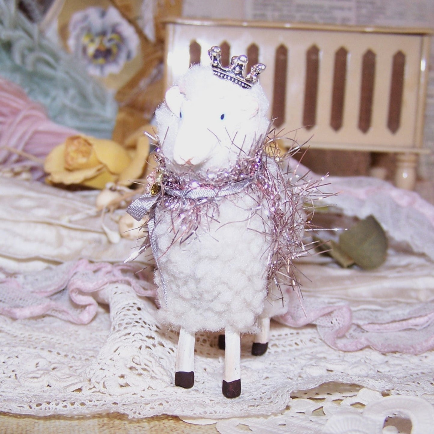 Holiday Sheep Figure with Crown - Antique French Ribbonwork Decoration