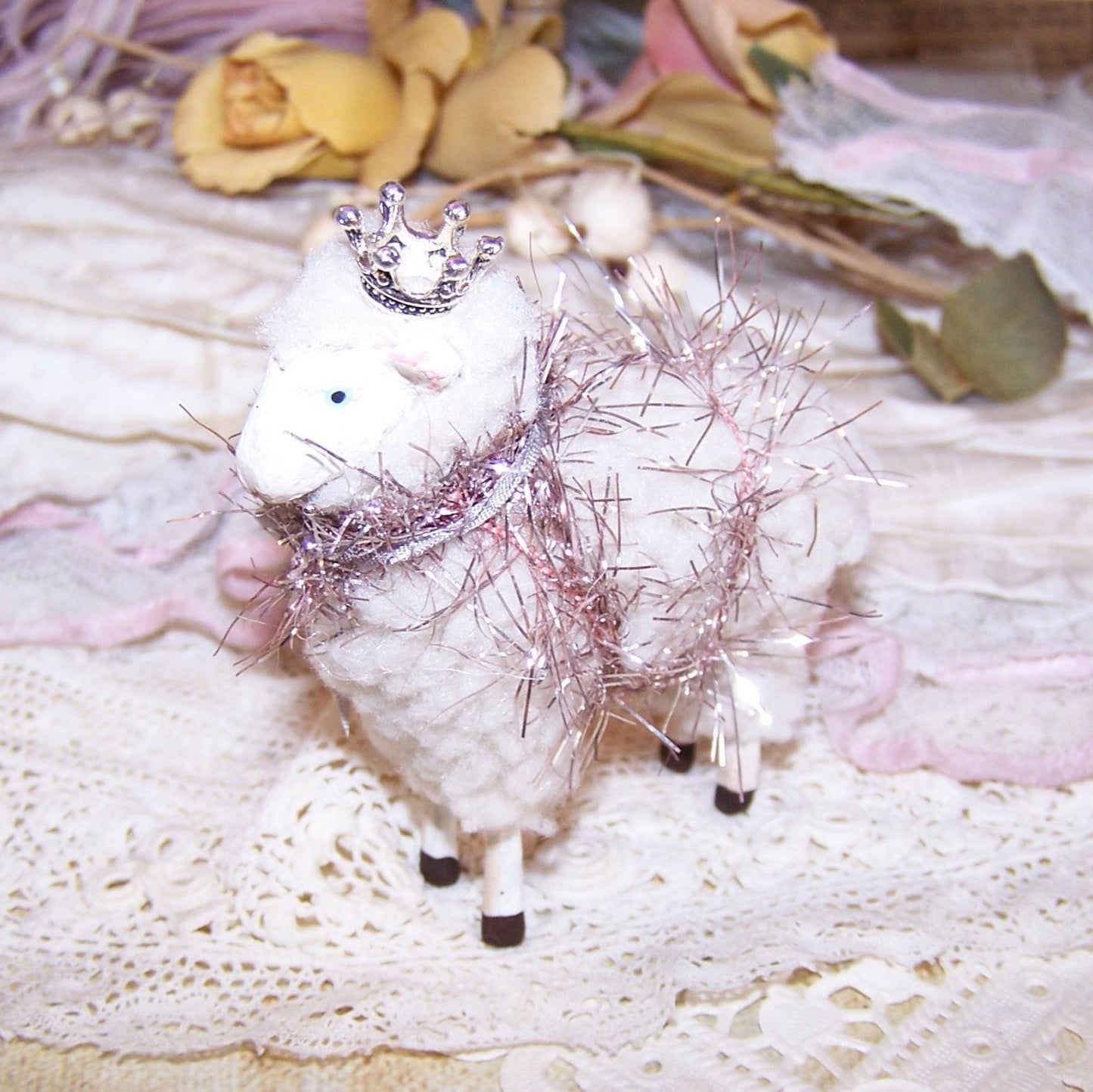 Holiday Sheep Figure with Crown - Antique French Ribbonwork Decoration