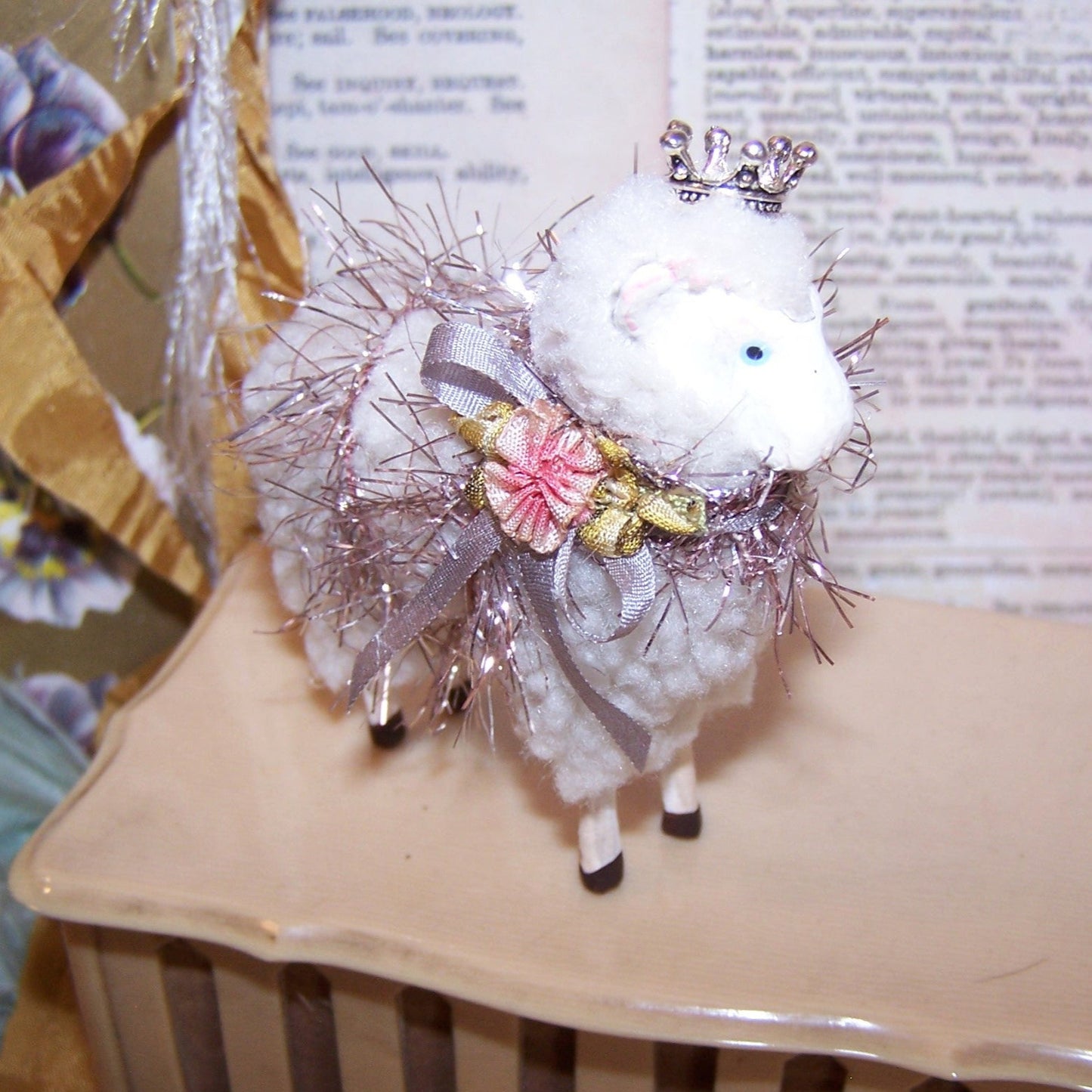Holiday Sheep Figure with Crown - Antique French Ribbonwork Decoration