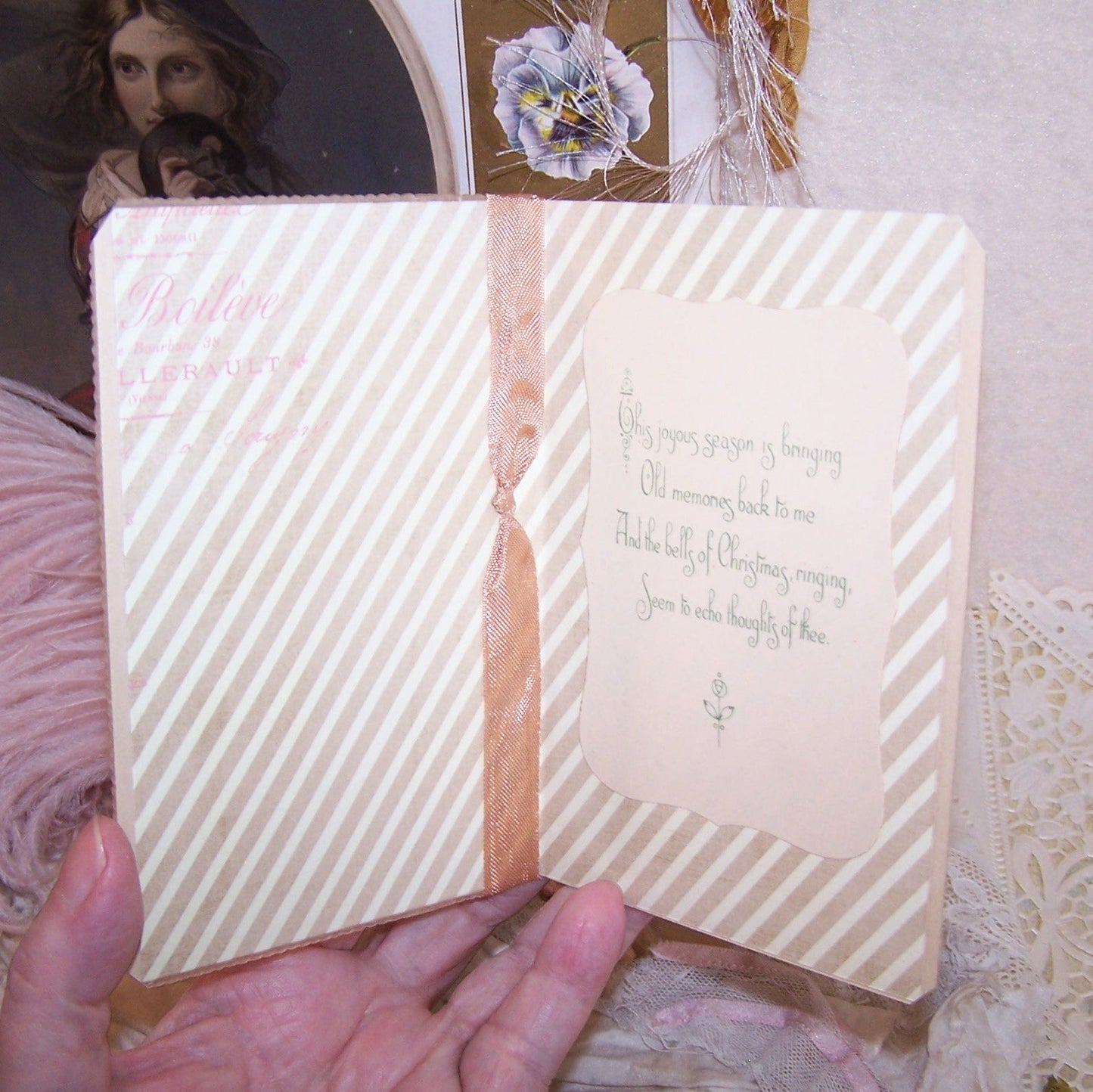 Repurposed Antique Celluloid Christmas Greeting Card - Peach Rose
