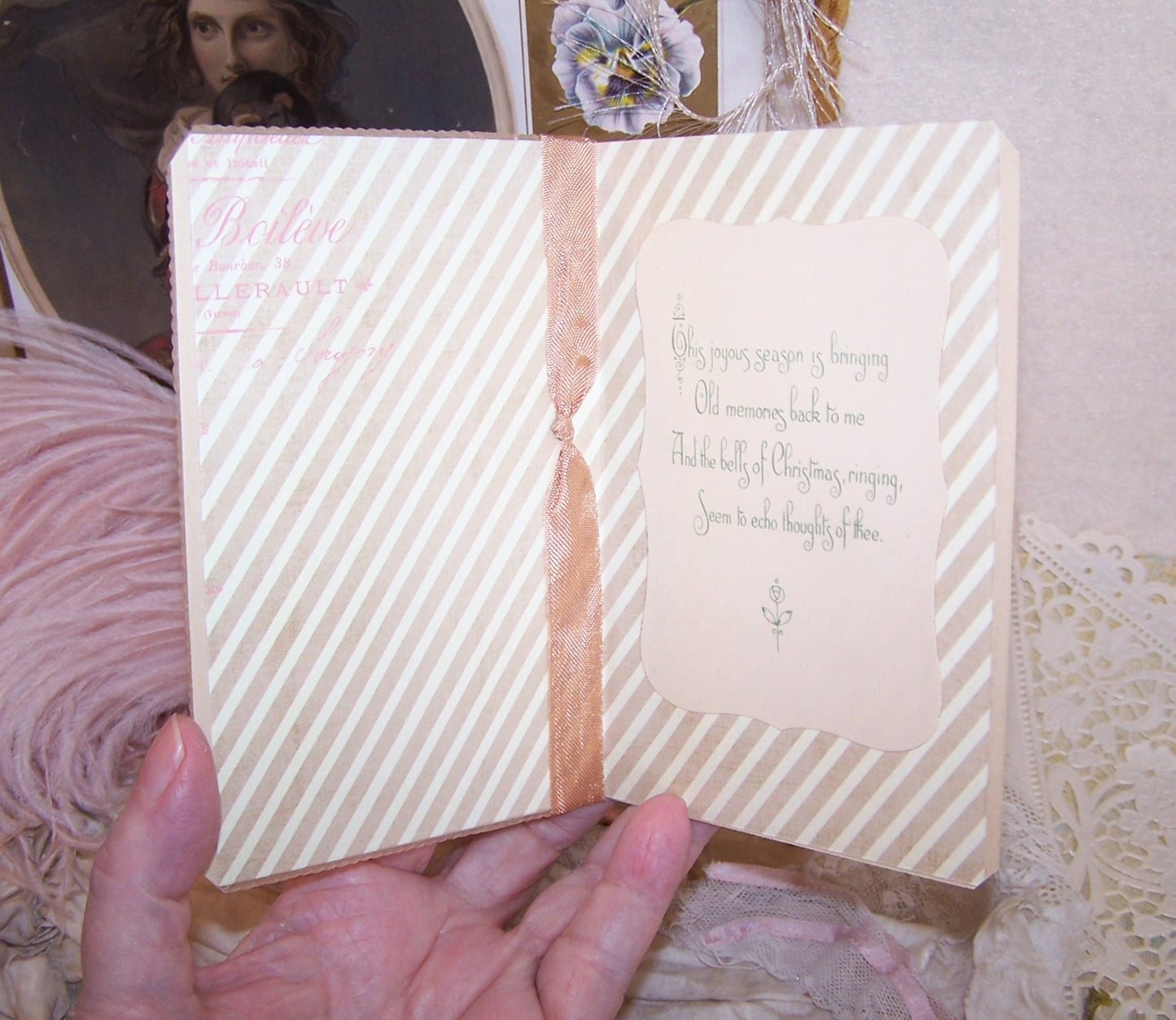 Repurposed Antique Celluloid Christmas Greeting Card - Peach Rose