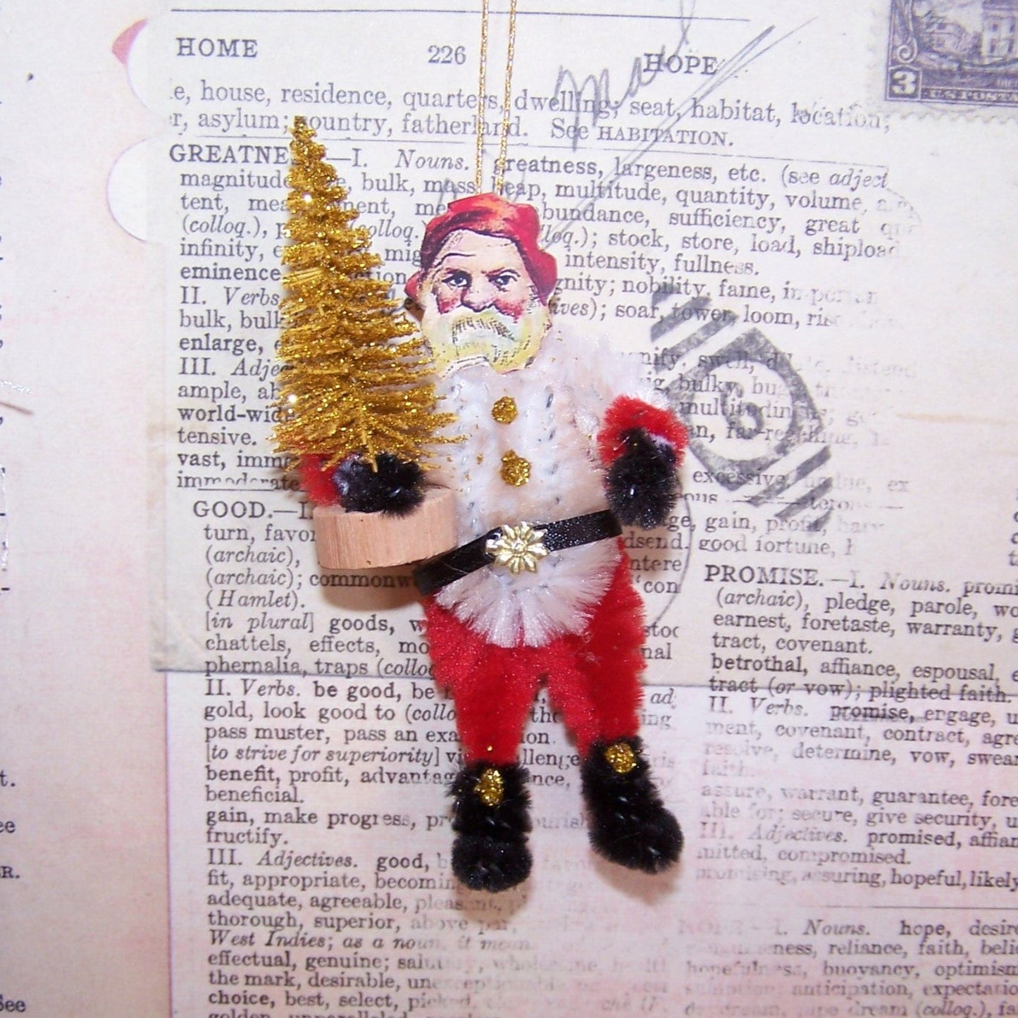 Chenille Holiday Ornament - Santa Claus with Gold Glitter Christmas Tree