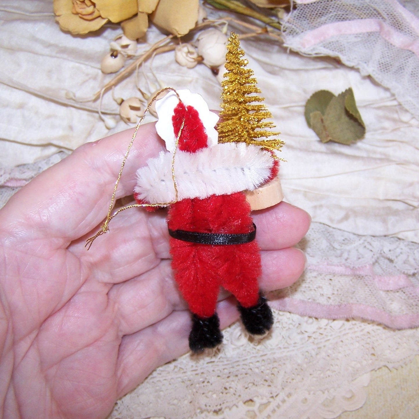 Chenille Holiday Ornament - Santa Claus with Gold Glitter Christmas Tree