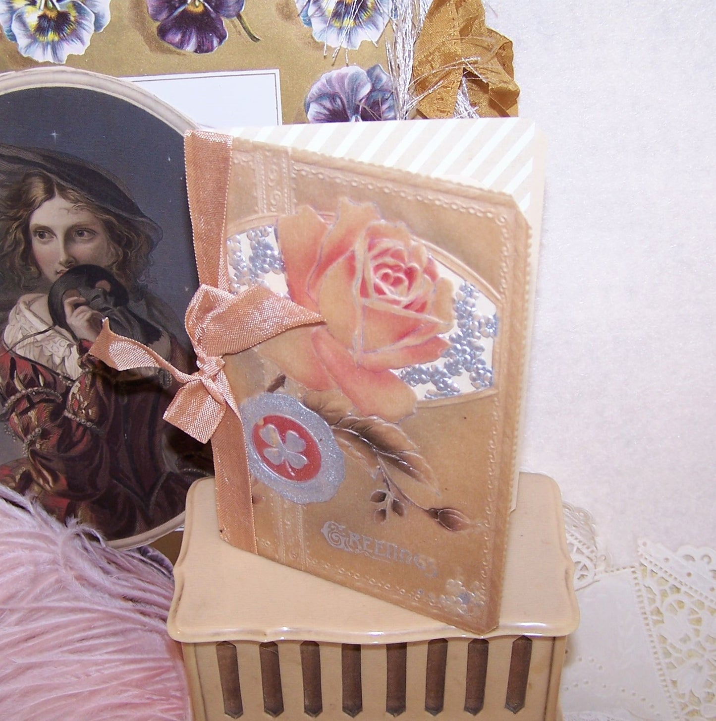 Repurposed Antique Celluloid Christmas Greeting Card - Peach Rose