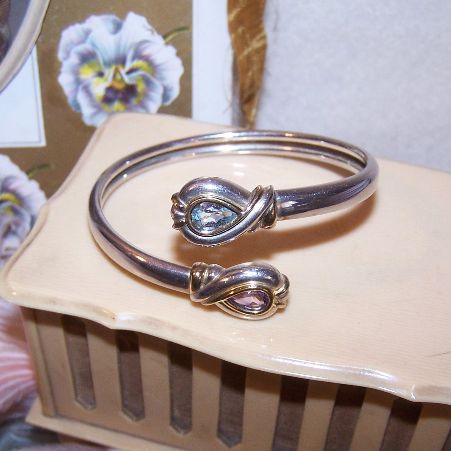 Sterling Silver Amethyst Blue Topaz Bypass Bangle Bracelet - Size 6.75