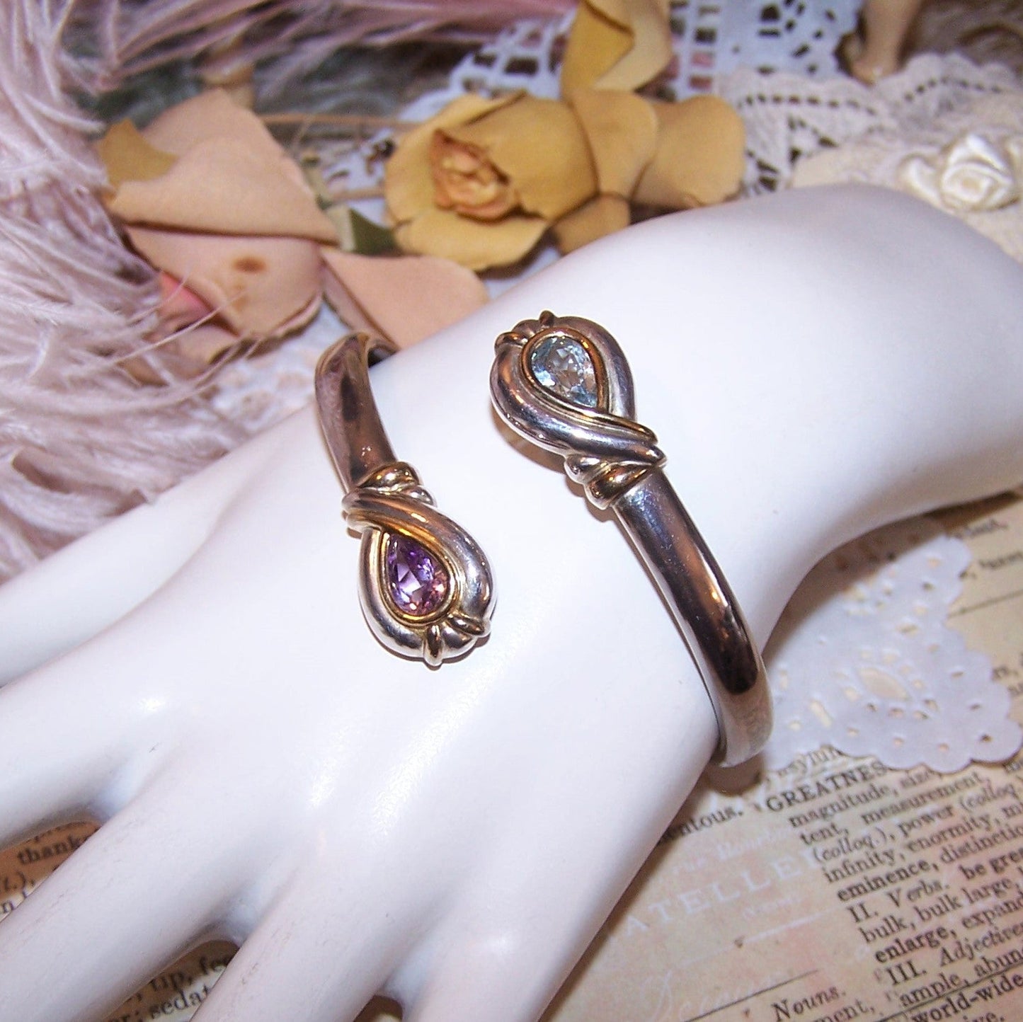 Sterling Silver Amethyst Blue Topaz Bypass Bangle Bracelet - Size 6.75