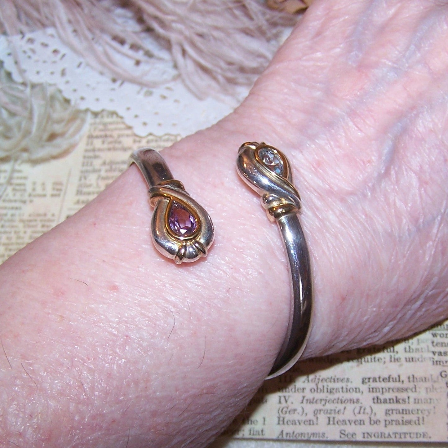 Sterling Silver Amethyst Blue Topaz Bypass Bangle Bracelet - Size 6.75