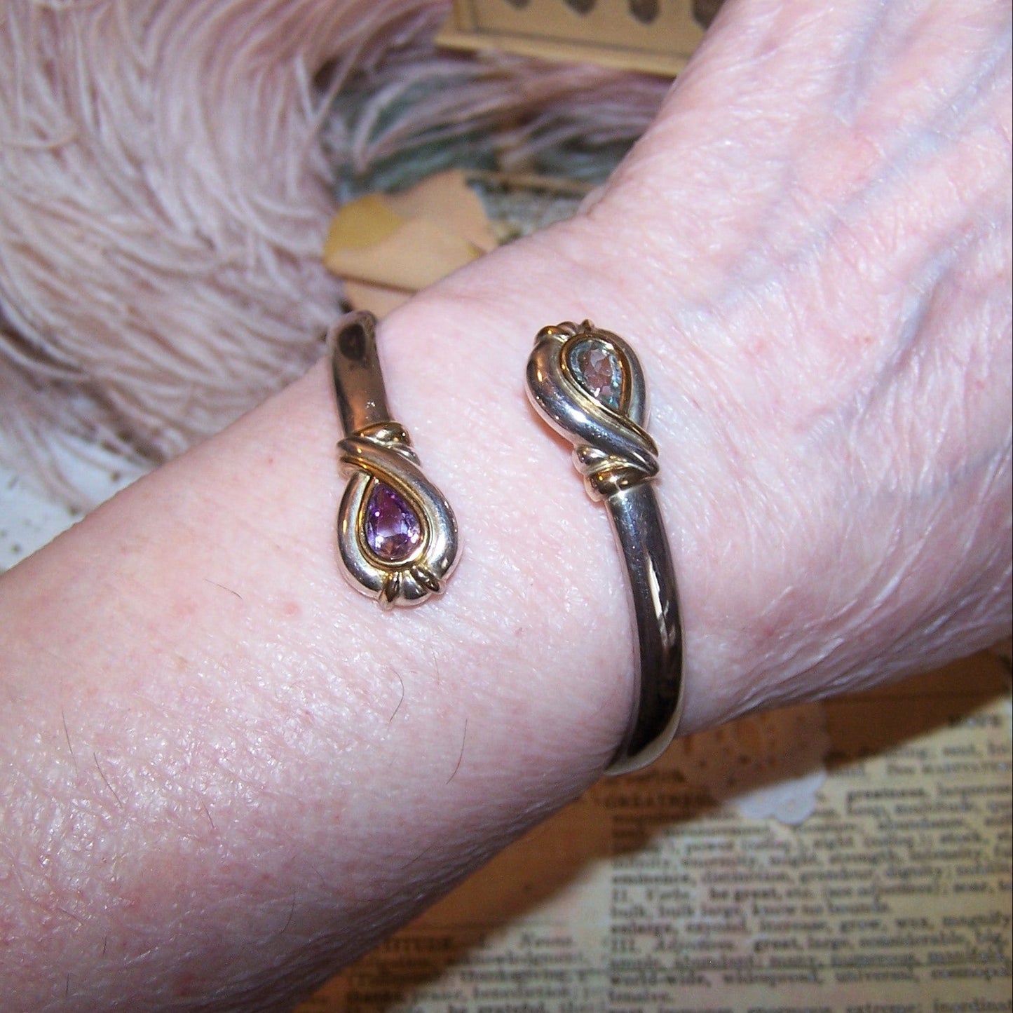 Sterling Silver Amethyst Blue Topaz Bypass Bangle Bracelet - Size 6.75