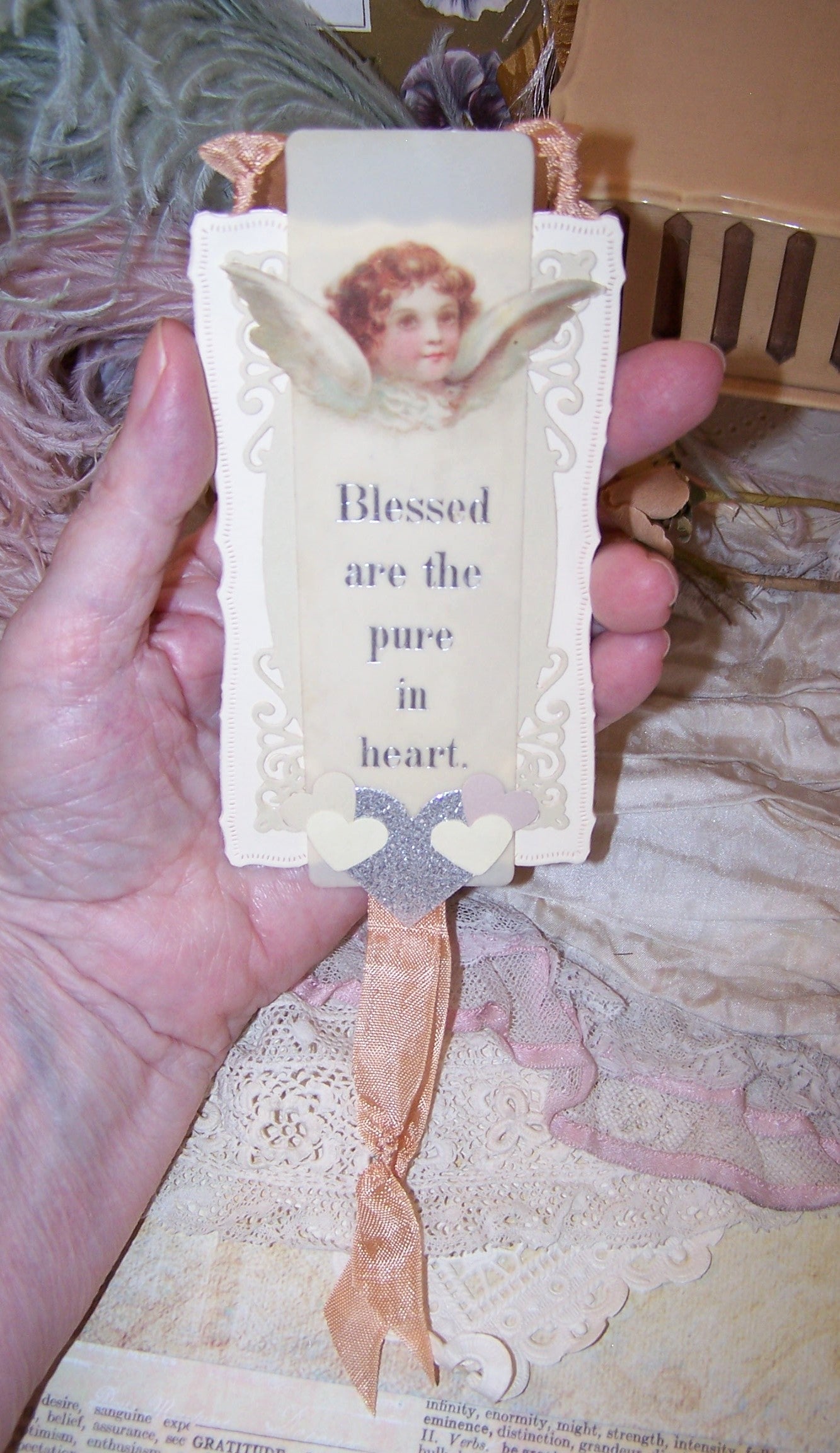 Upcycled Celluloid Angel Bookmark - Blessed Are the Pure in Heart