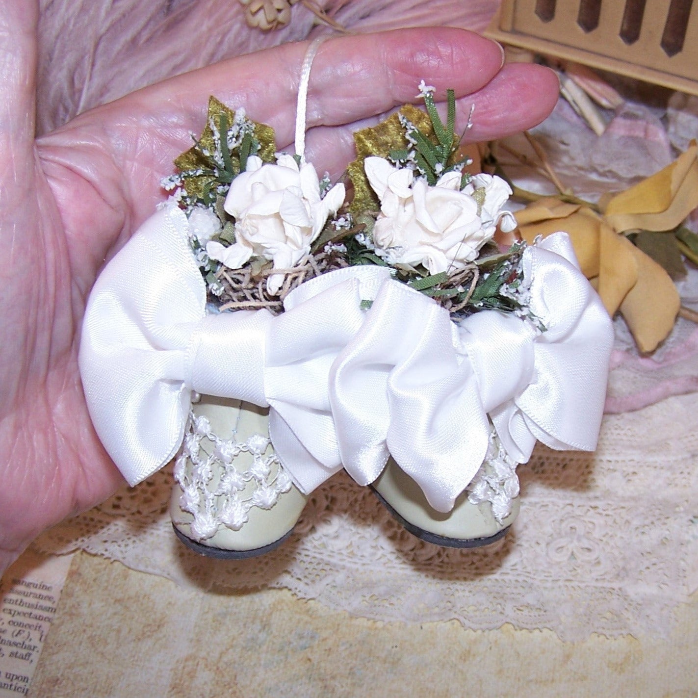 Wedding Gift or Table Favor - Decorated Doll Shoes in White
