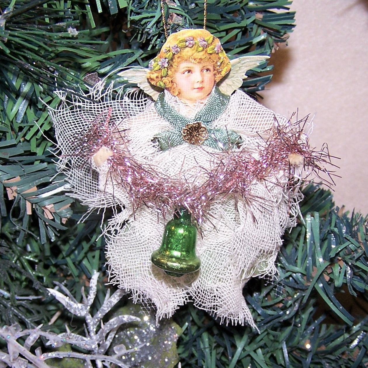 Victorian Revival Mixed Media Holiday Ornament - Angel with Bell