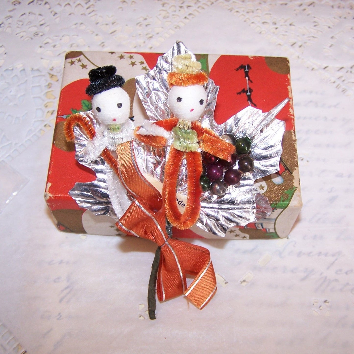 Vintage Japan Christmas Pick - Chenille Pixies and Mercury Glass