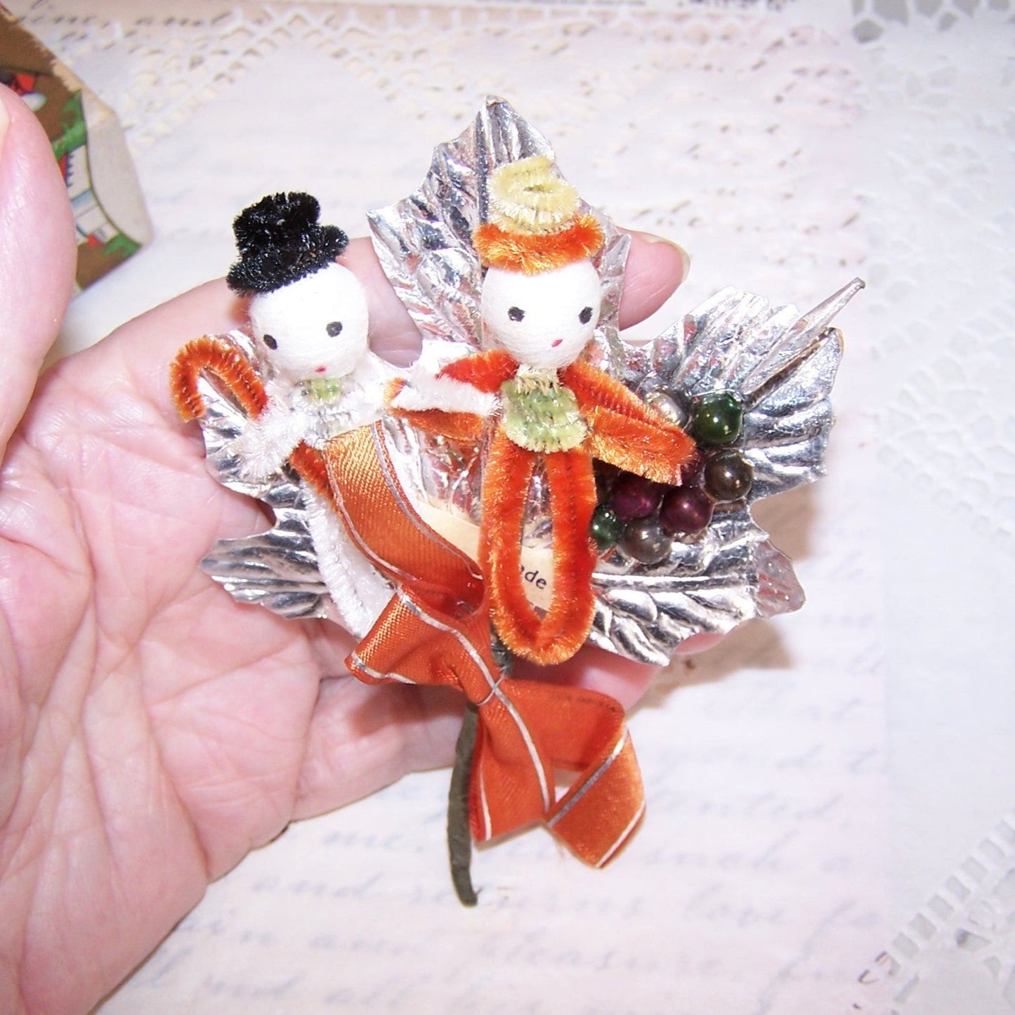 Vintage Japan Christmas Pick - Chenille Pixies and Mercury Glass