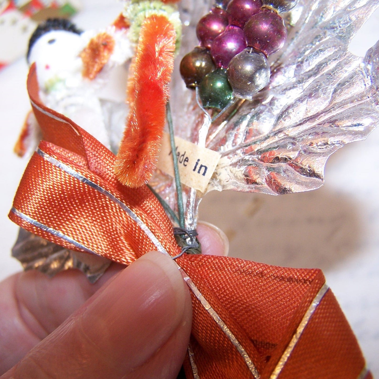Vintage Japan Christmas Pick - Chenille Pixies and Mercury Glass