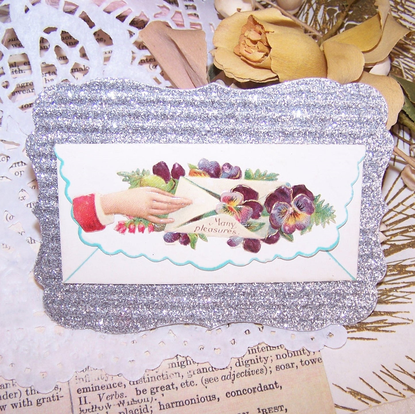 Antique Victorian Calling or Gift Card - Purple Pansies "Many Pleasures"