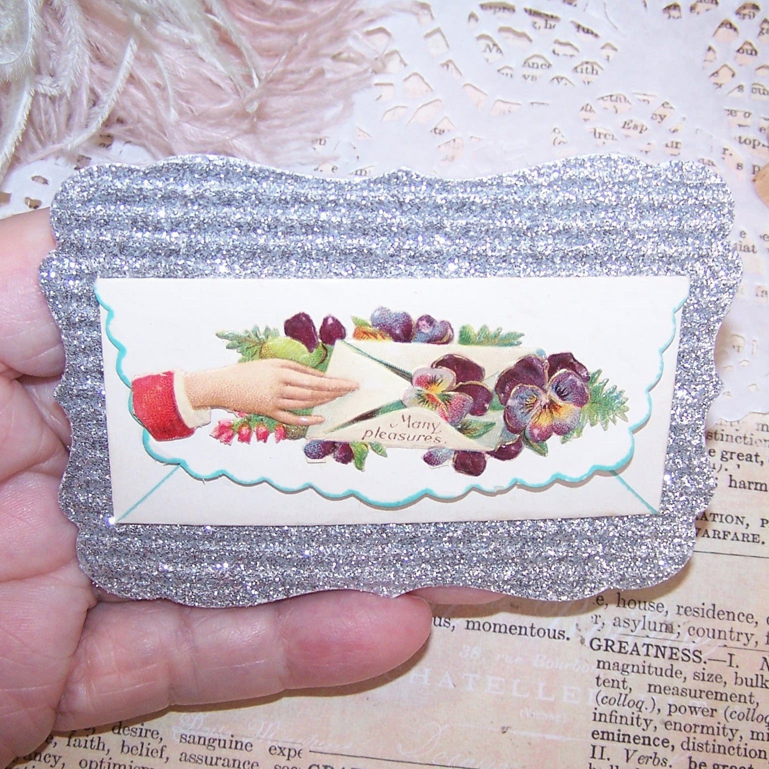 Antique Victorian Calling or Gift Card - Purple Pansies "Many Pleasures"