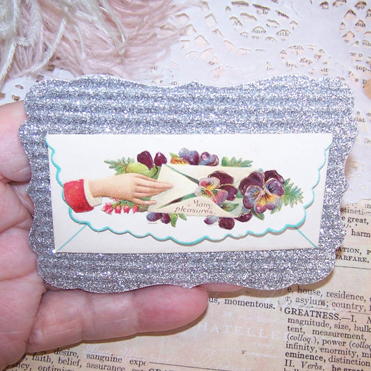 Antique Victorian Calling or Gift Card - Purple Pansies "Many Pleasures"