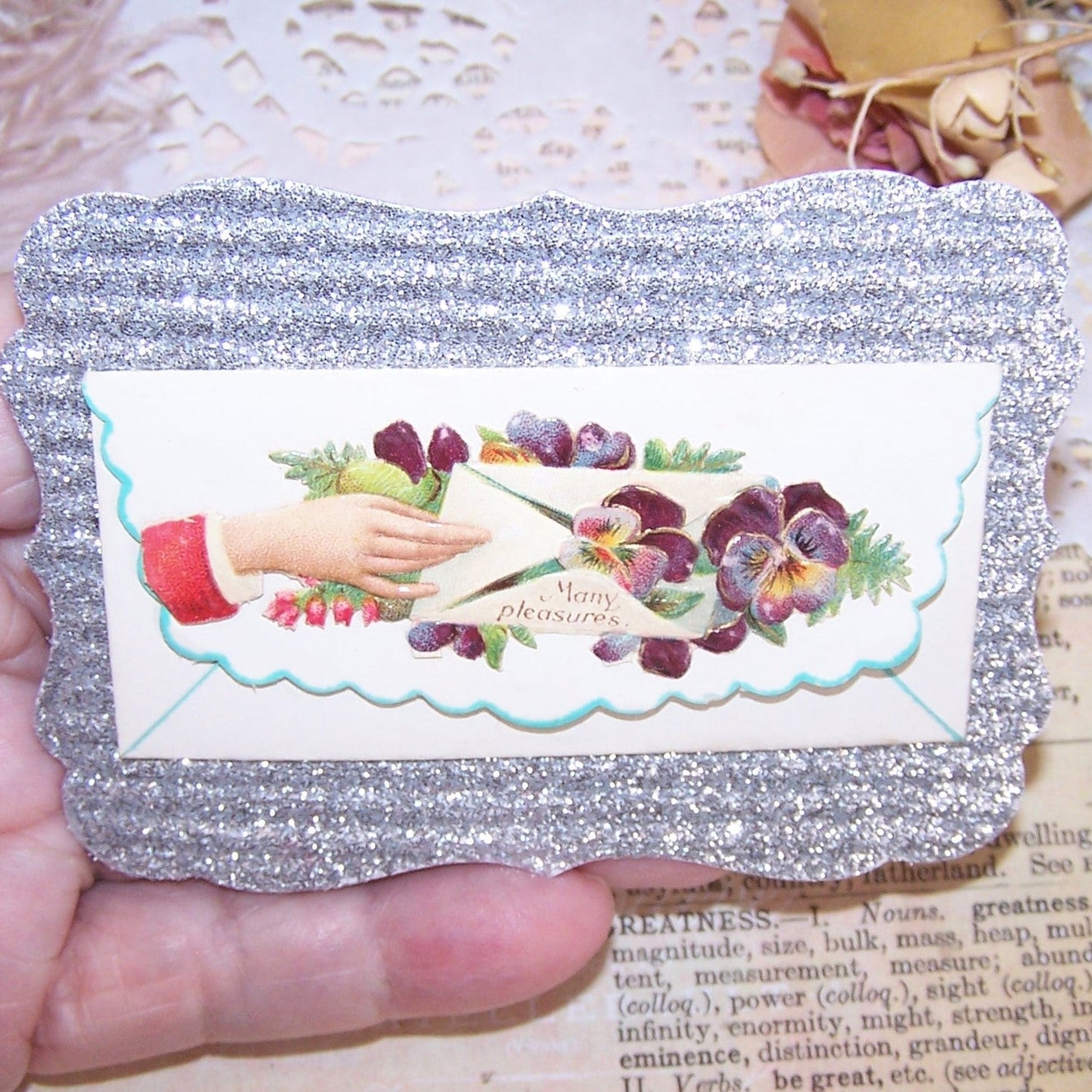 Antique Victorian Calling or Gift Card - Purple Pansies "Many Pleasures"