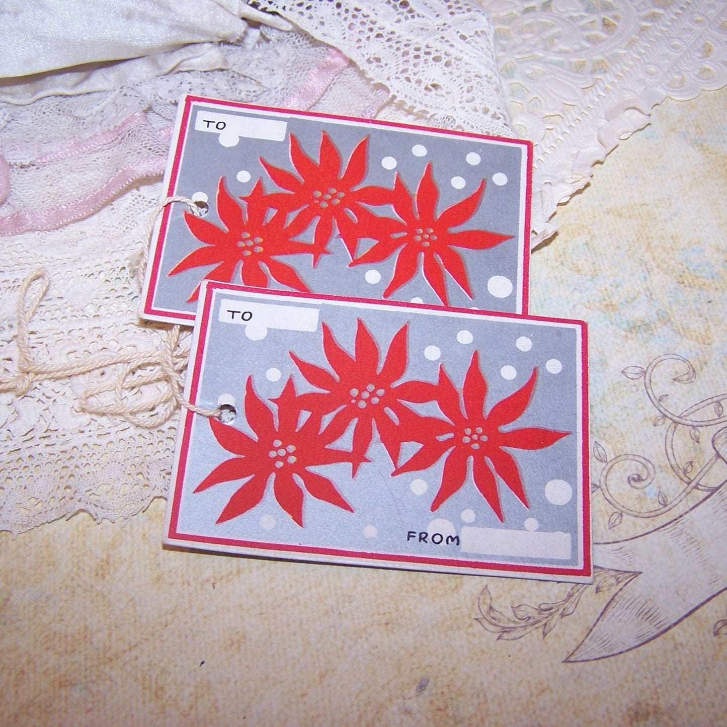 2 Unused Art Deco Stringed Christmas Gift Tags - Red Poinsettia