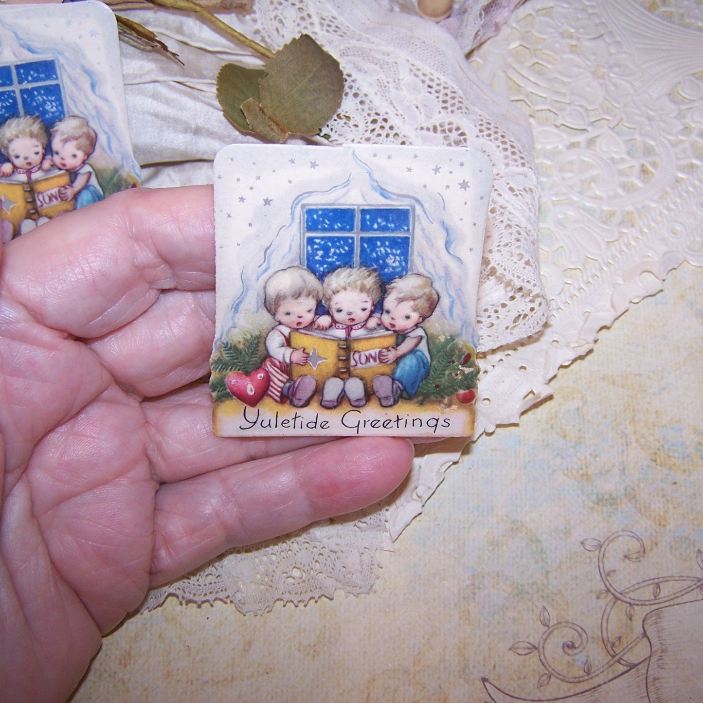 4 Unused Art Deco Gummed Christmas Stickers - Yuletide Greetings