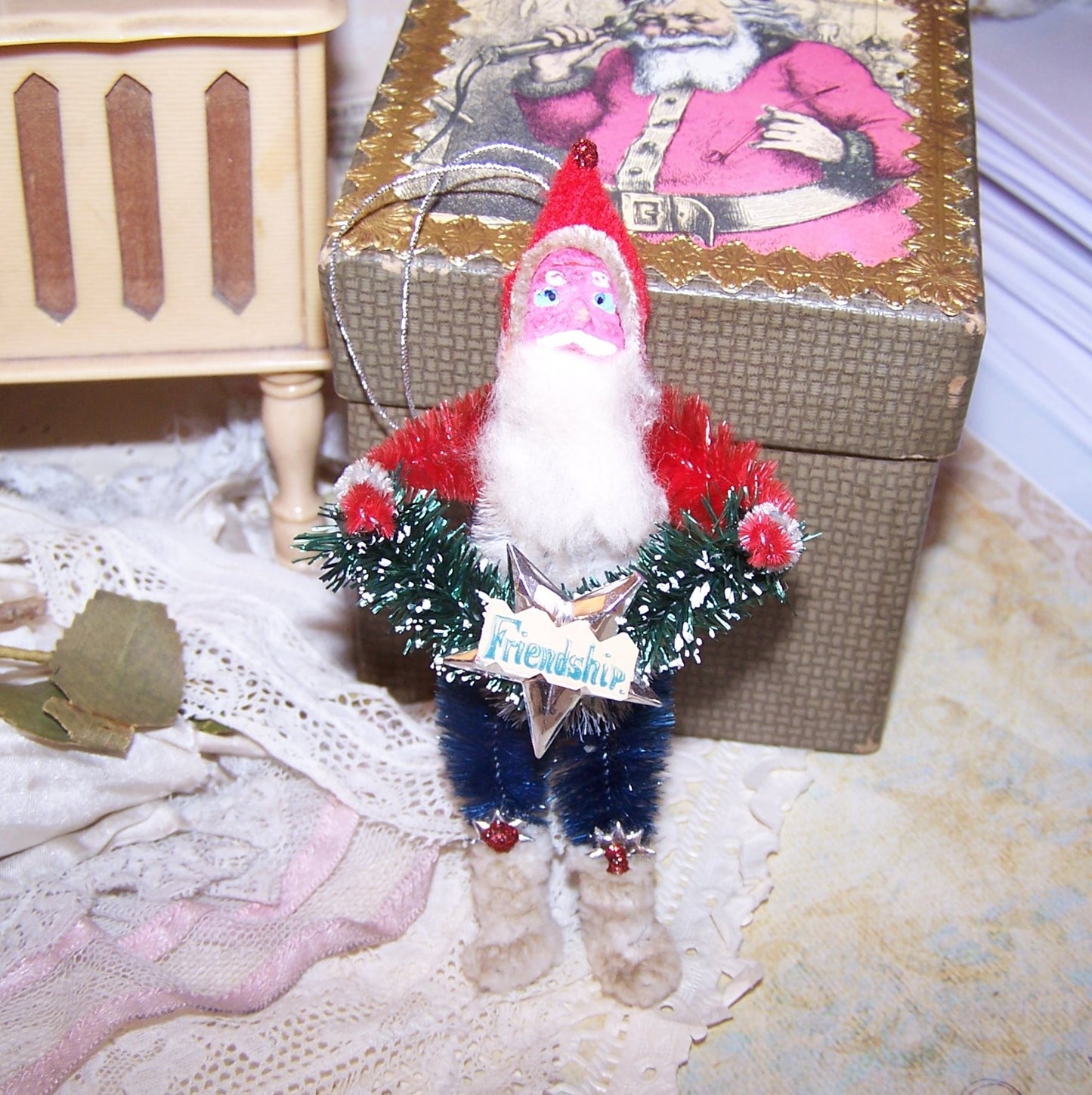 Japan Clay Face Santa Claus Ornament | Red White Blue Patriotic Colors