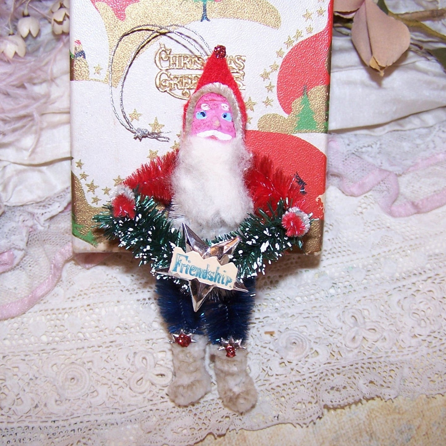 Japan Clay Face Santa Claus Ornament | Red White Blue Patriotic Colors