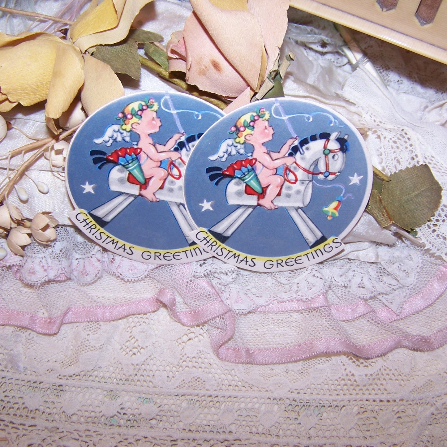 3 Art Deco Christmas Package Stickers - Angel Riding Rocking Horse