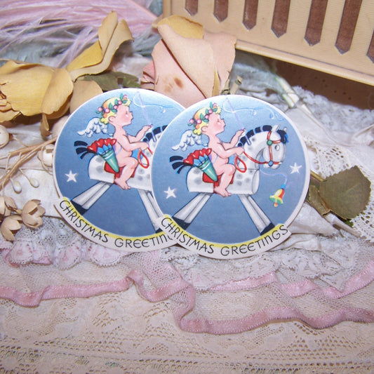 3 Art Deco Christmas Package Stickers - Angel Riding Rocking Horse