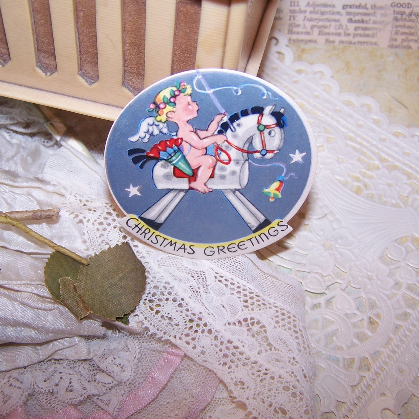 3 Art Deco Christmas Package Stickers - Angel Riding Rocking Horse