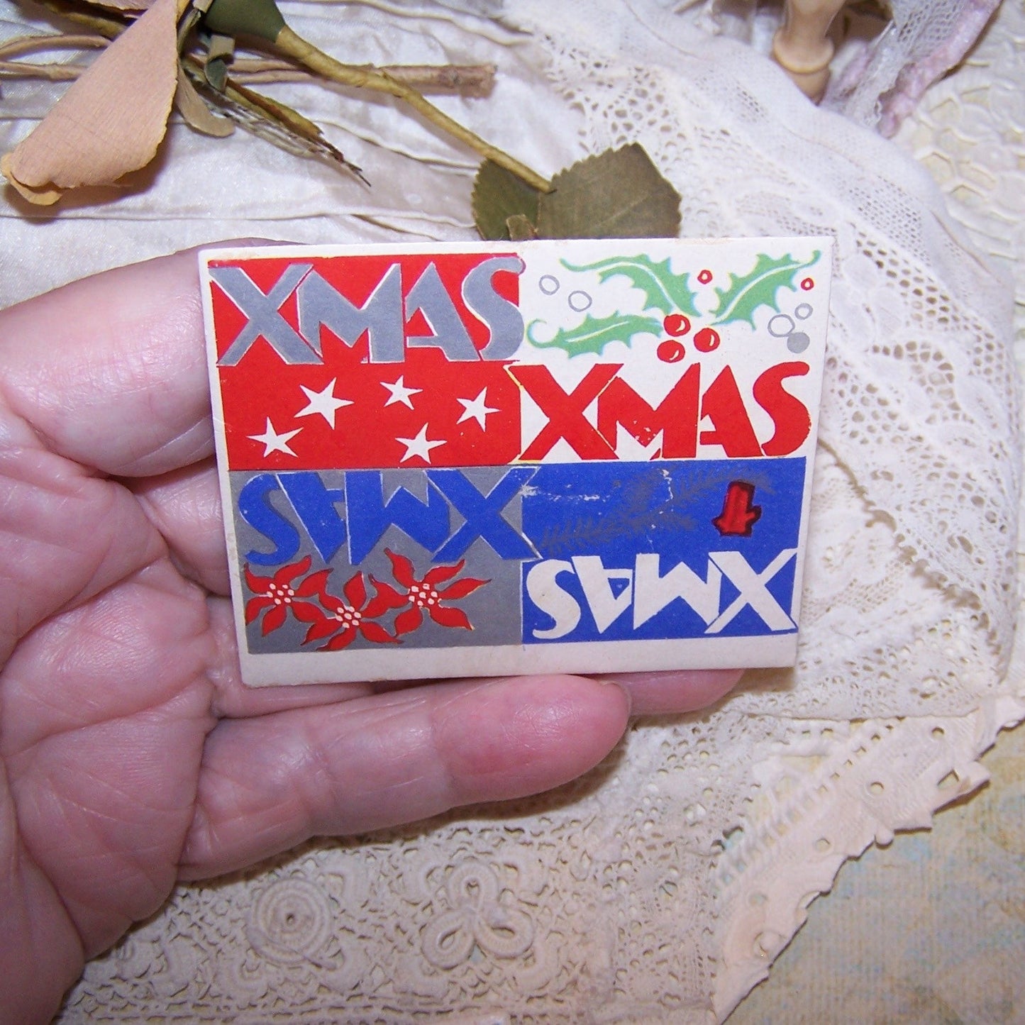 7 Unused Art Deco Gummed Christmas Package Stickers Seals