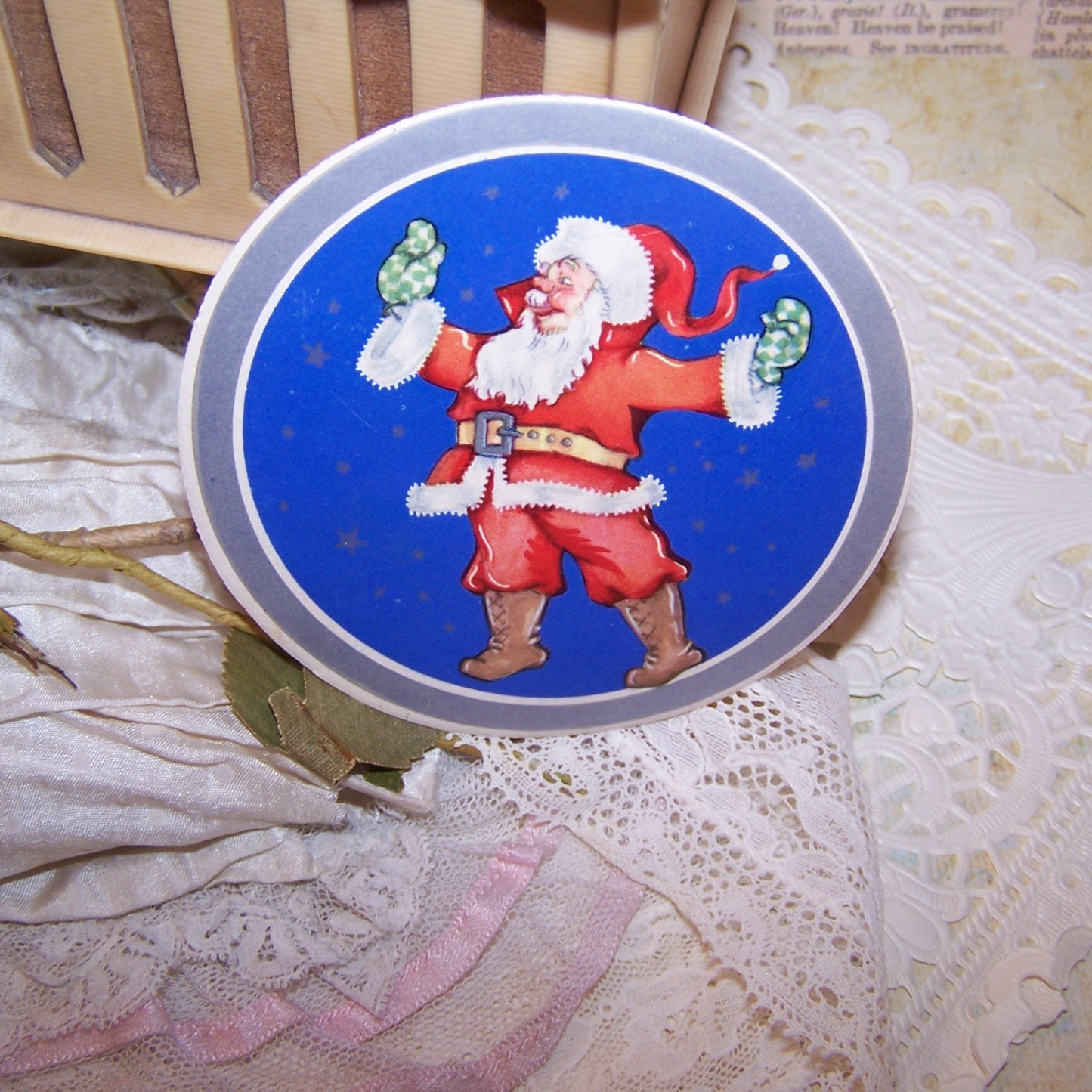 4 Unused Art Deco Gummed Christmas Package Stickers - Santa Claus