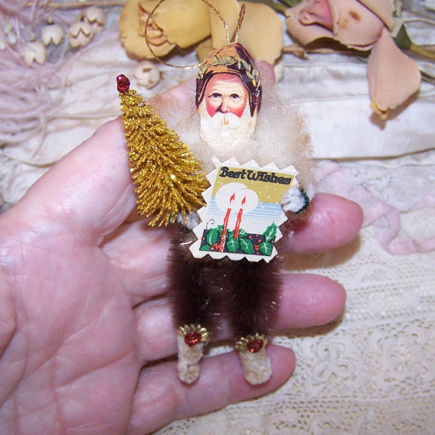 Chenille Santa Claus Christmas Ornament | Brown Tones Woodsman Design