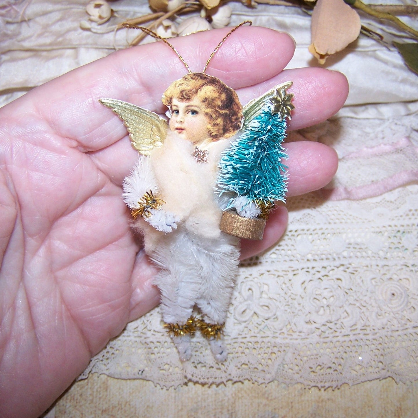 Victorian Revival Chenille Holiday Ornament - Angel with Christmas Tree
