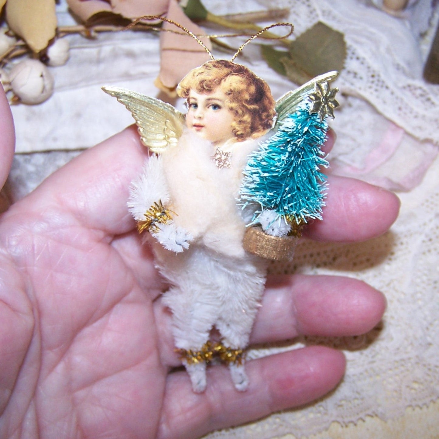 Victorian Revival Chenille Holiday Ornament - Angel with Christmas Tree