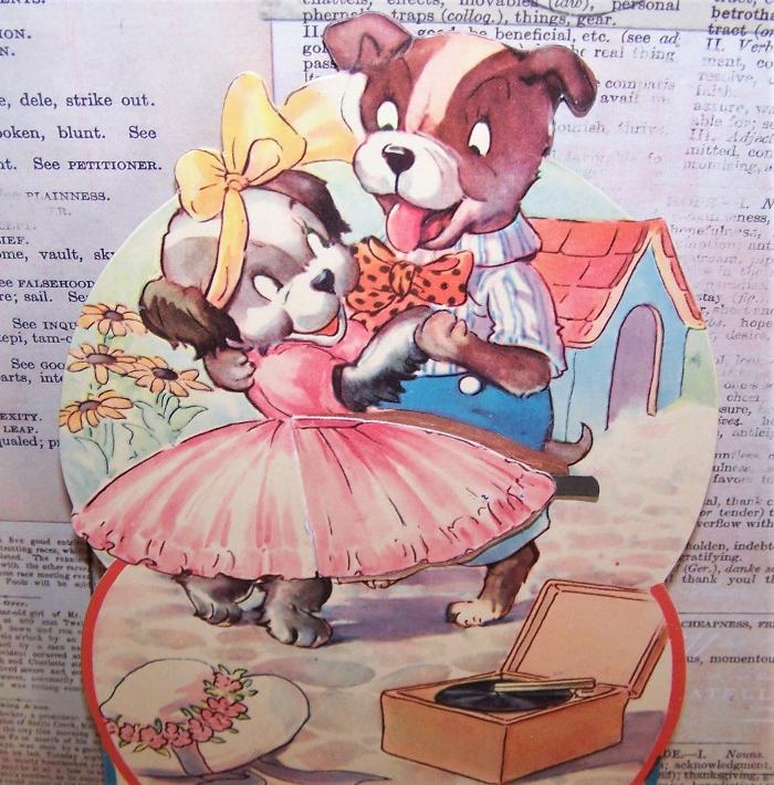 1940s USA Honeycomb Valentines Day Card | 2 Puppies Dancing