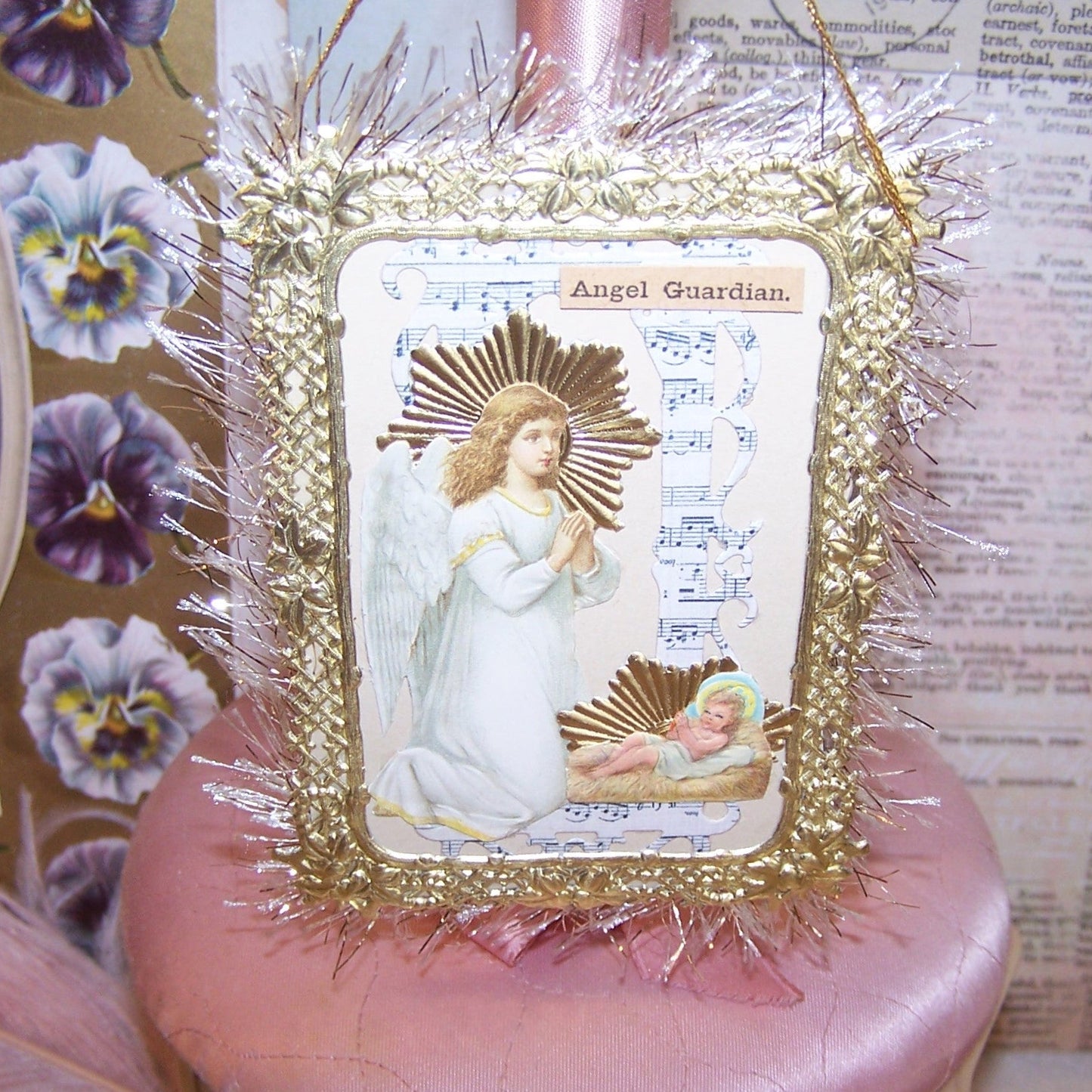 One of a Kind Holiday Ornament Decoration - Guardian Angel Watching Over Baby