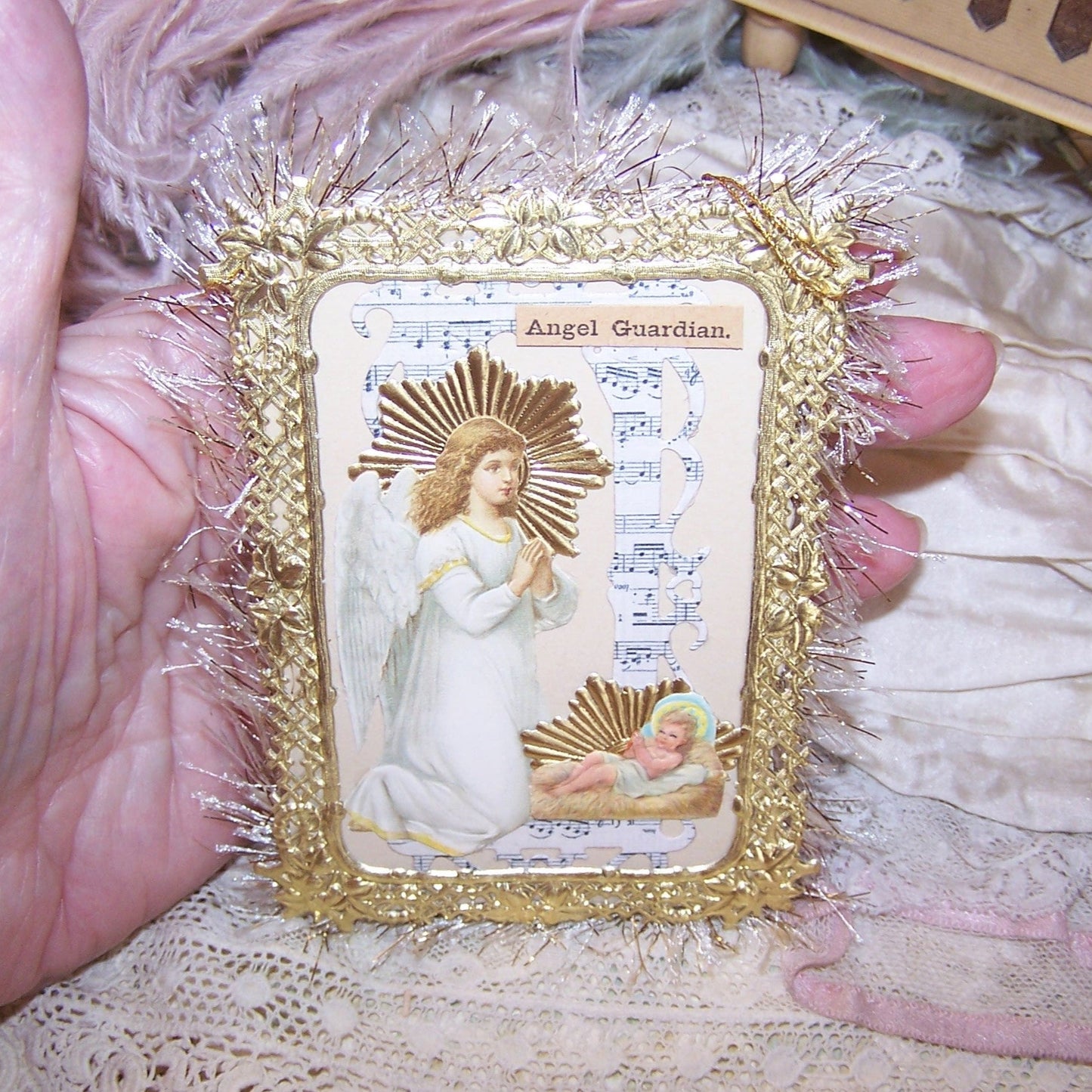 One of a Kind Holiday Ornament Decoration - Guardian Angel Watching Over Baby