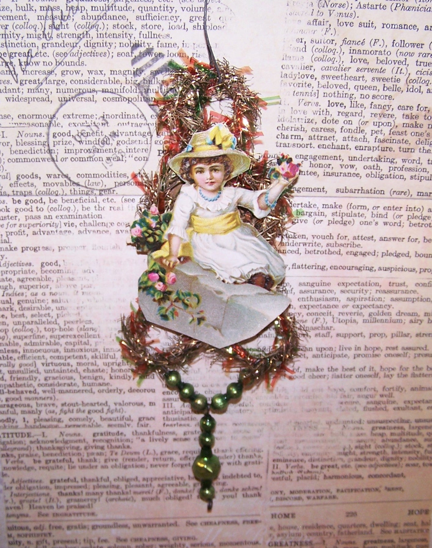 Vintage Mercury Glass Tinsel Christmas Ornament - Young Lady with Flowers