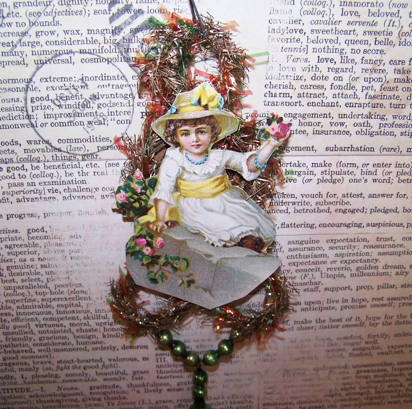 Vintage Mercury Glass Tinsel Christmas Ornament - Young Lady with Flowers